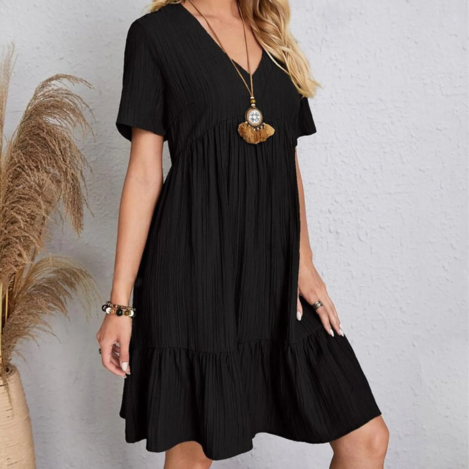 2025 Spring Dresses Women Casual Boho Petite Midi T Shirt Dresses Summer Short Sleeve V Neck Ruffle Hem Tiered Dress