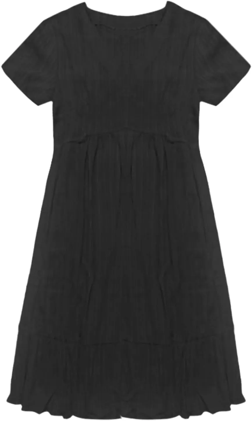 2025 Spring Dresses Women Casual Boho Petite Midi T Shirt Dresses Summer Short Sleeve V Neck Ruffle Hem Tiered Dress