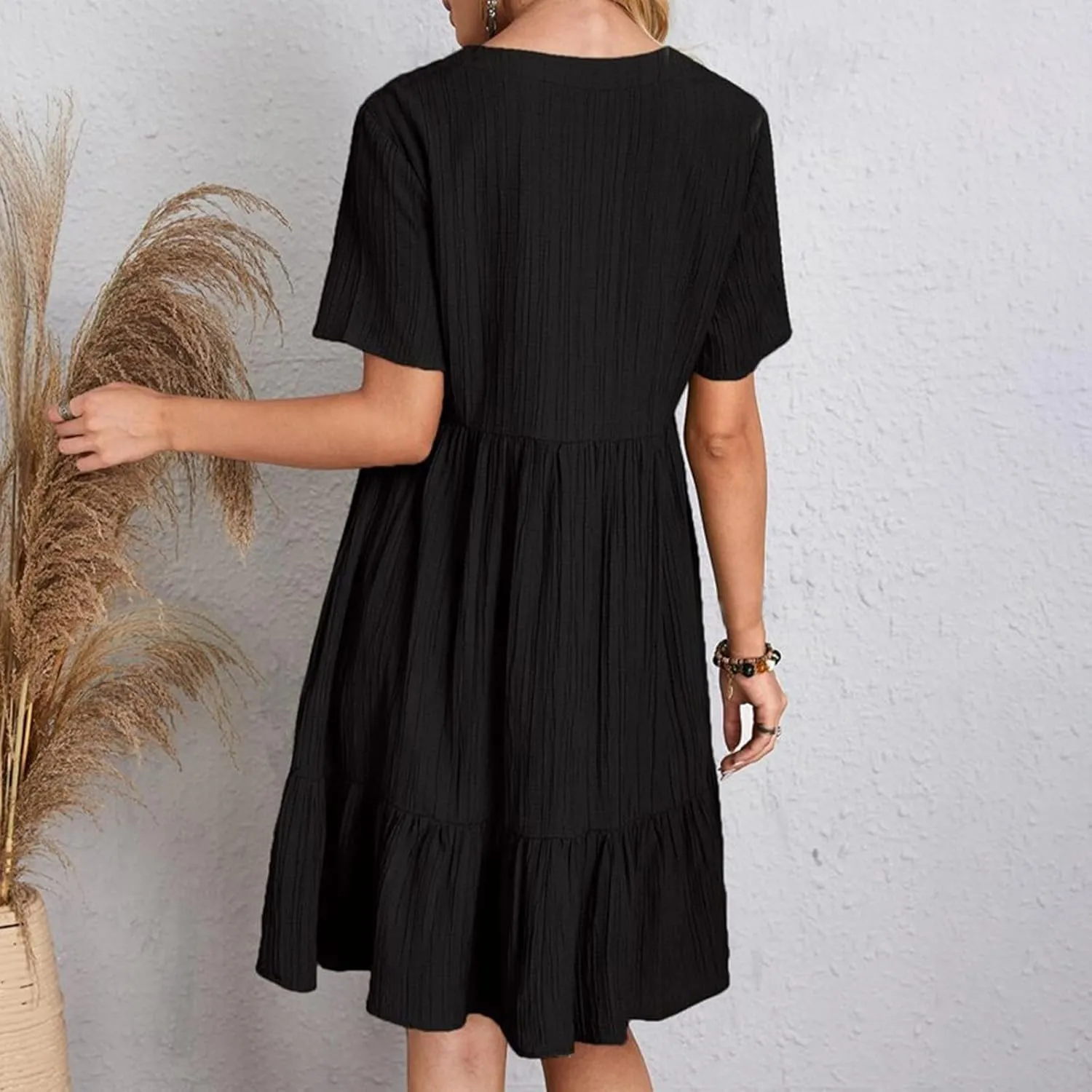 2025 Spring Dresses Women Casual Boho Petite Midi T Shirt Dresses Summer Short Sleeve V Neck Ruffle Hem Tiered Dress