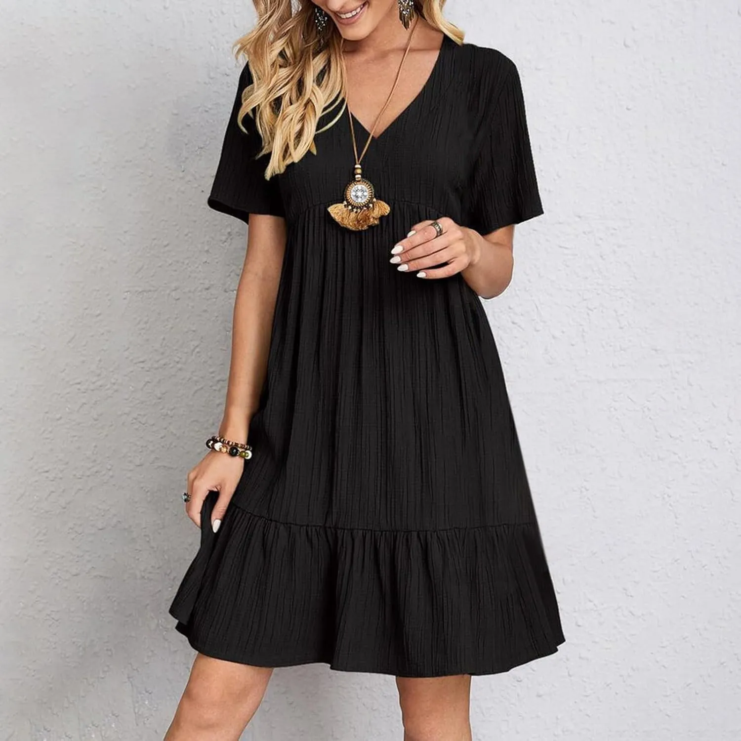 2025 Spring Dresses Women Casual Boho Petite Midi T Shirt Dresses Summer Short Sleeve V Neck Ruffle Hem Tiered Dress
