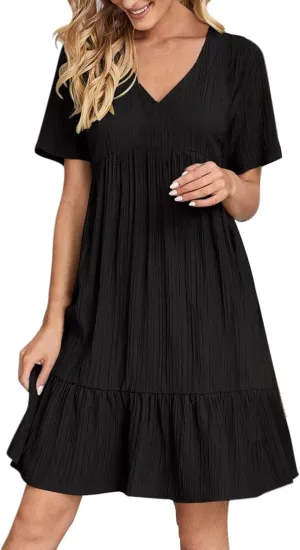 2025 Spring Dresses Women Casual Boho Petite Midi T Shirt Dresses Summer Short Sleeve V Neck Ruffle Hem Tiered Dress