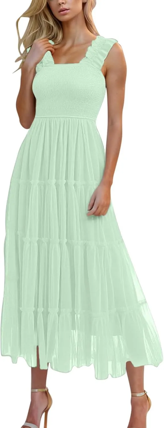 2025 Women Summer Midi Tulle Dress Sleeveless Smocked Square Neck Ruffle Flowy Boho Beach Dress Party Guest Sundress