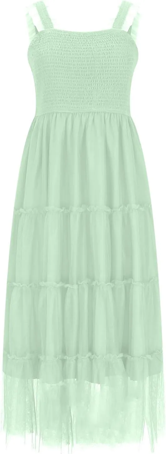 2025 Women Summer Midi Tulle Dress Sleeveless Smocked Square Neck Ruffle Flowy Boho Beach Dress Party Guest Sundress