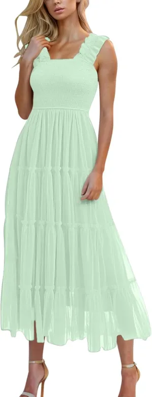 2025 Women Summer Midi Tulle Dress Sleeveless Smocked Square Neck Ruffle Flowy Boho Beach Dress Party Guest Sundress