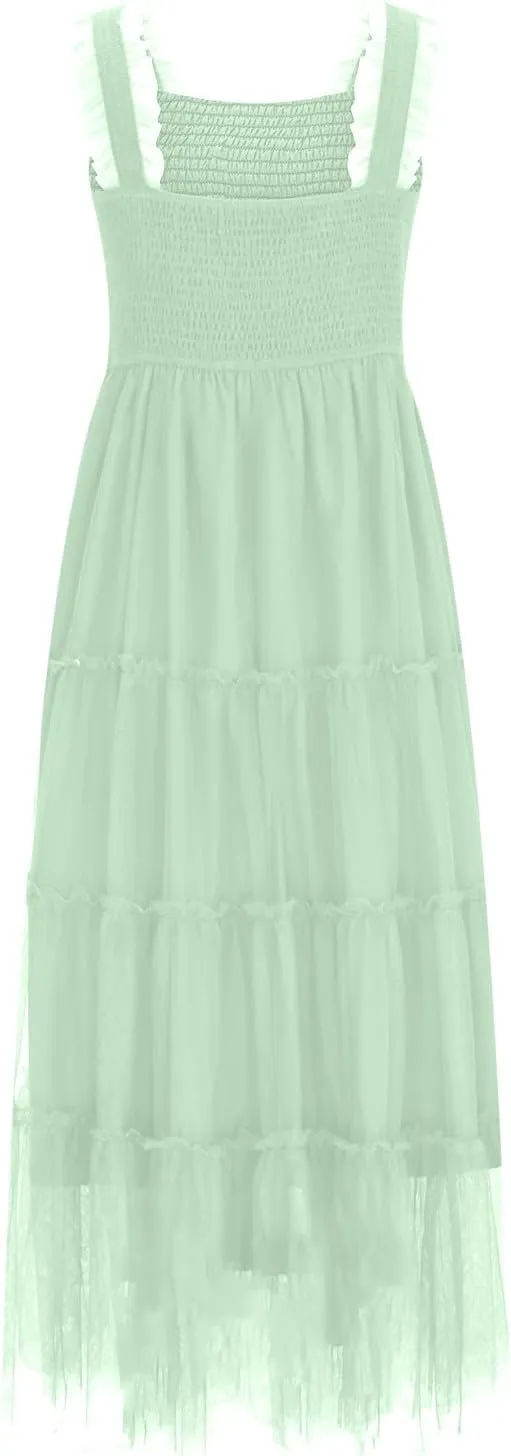 2025 Women Summer Midi Tulle Dress Sleeveless Smocked Square Neck Ruffle Flowy Boho Beach Dress Party Guest Sundress