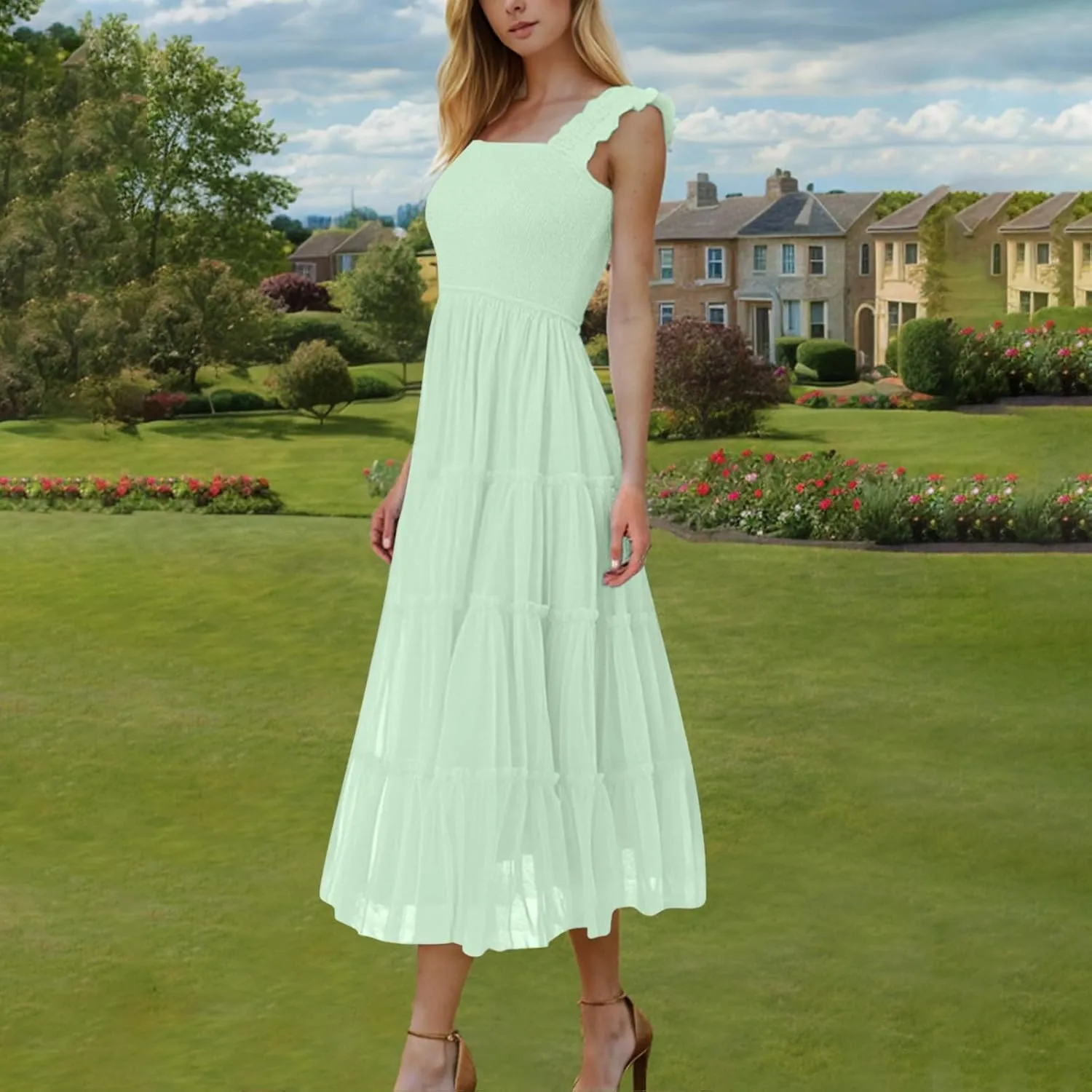 2025 Women Summer Midi Tulle Dress Sleeveless Smocked Square Neck Ruffle Flowy Boho Beach Dress Party Guest Sundress
