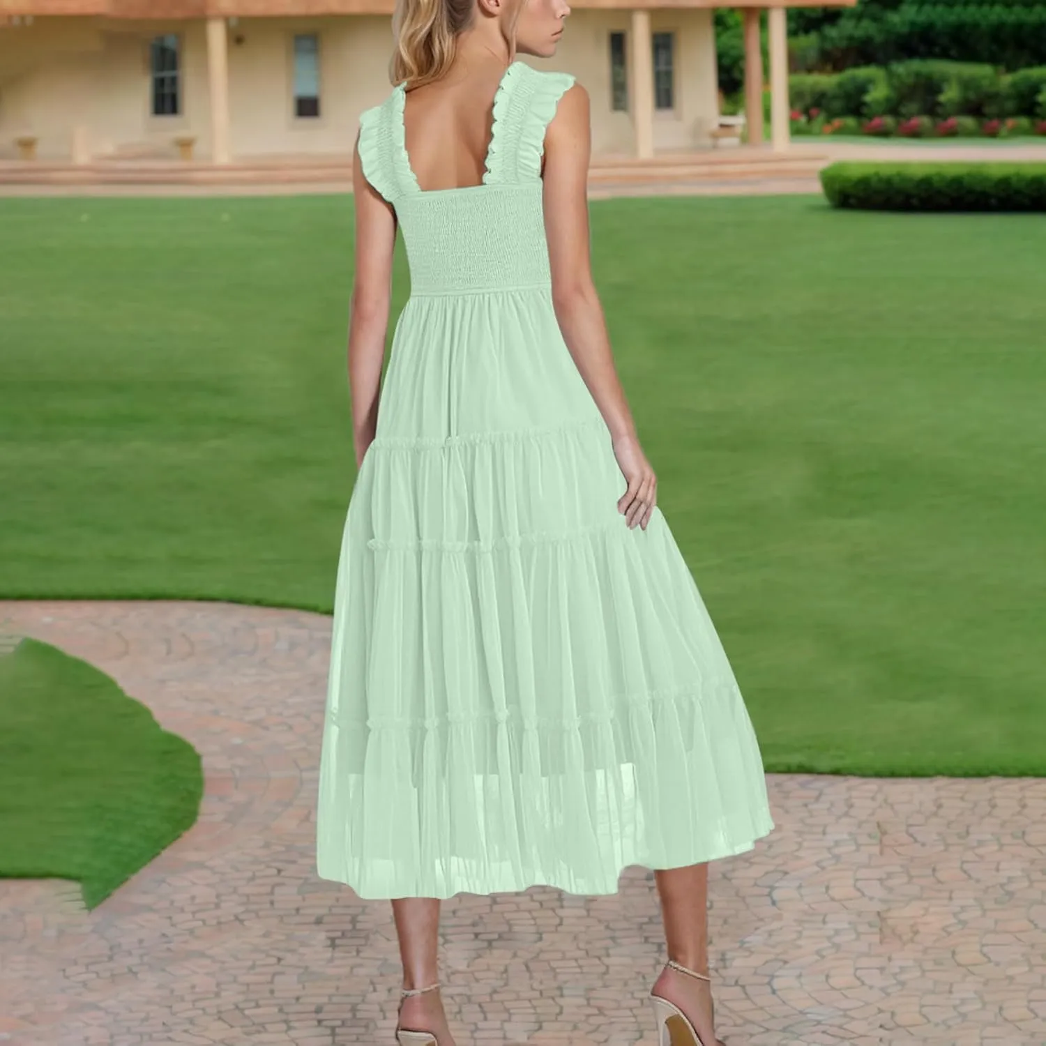 2025 Women Summer Midi Tulle Dress Sleeveless Smocked Square Neck Ruffle Flowy Boho Beach Dress Party Guest Sundress