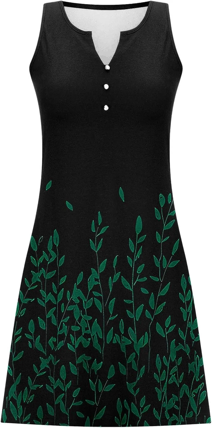 2025 Women Summer V Neck Sleeveless Dress Casual Button Down Boho Floral Beach Mini Dresses Vacation A-Line Dresses