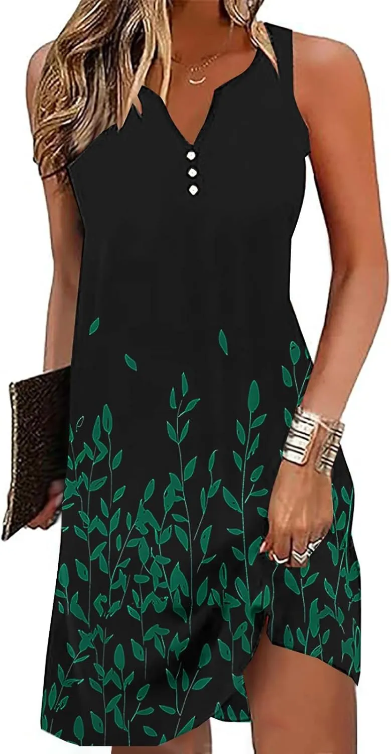 2025 Women Summer V Neck Sleeveless Dress Casual Button Down Boho Floral Beach Mini Dresses Vacation A-Line Dresses