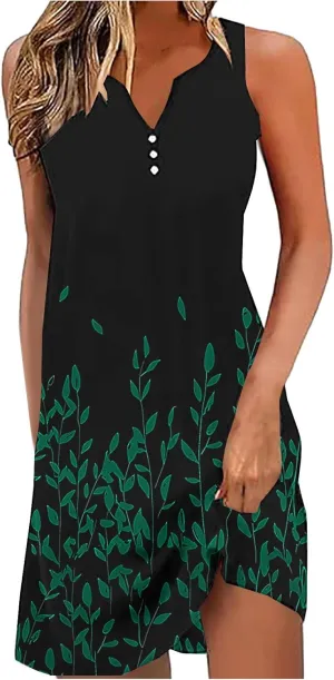2025 Women Summer V Neck Sleeveless Dress Casual Button Down Boho Floral Beach Mini Dresses Vacation A-Line Dresses