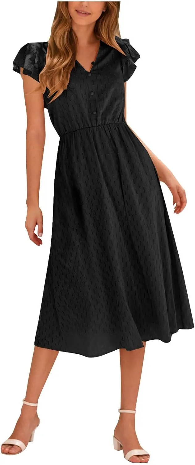 2025 Women's Summer Midi Dress Ruffle Cap Sleeve V-Neck Casual A Line Dress Beach Party Vacation Lace Sun Dresses