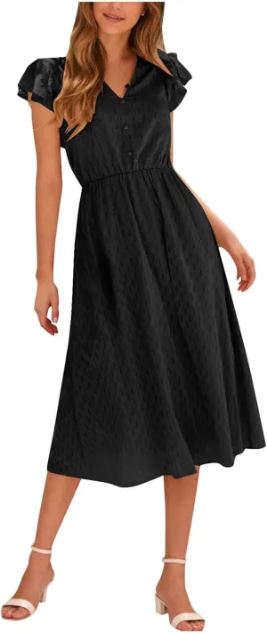2025 Women's Summer Midi Dress Ruffle Cap Sleeve V-Neck Casual A Line Dress Beach Party Vacation Lace Sun Dresses