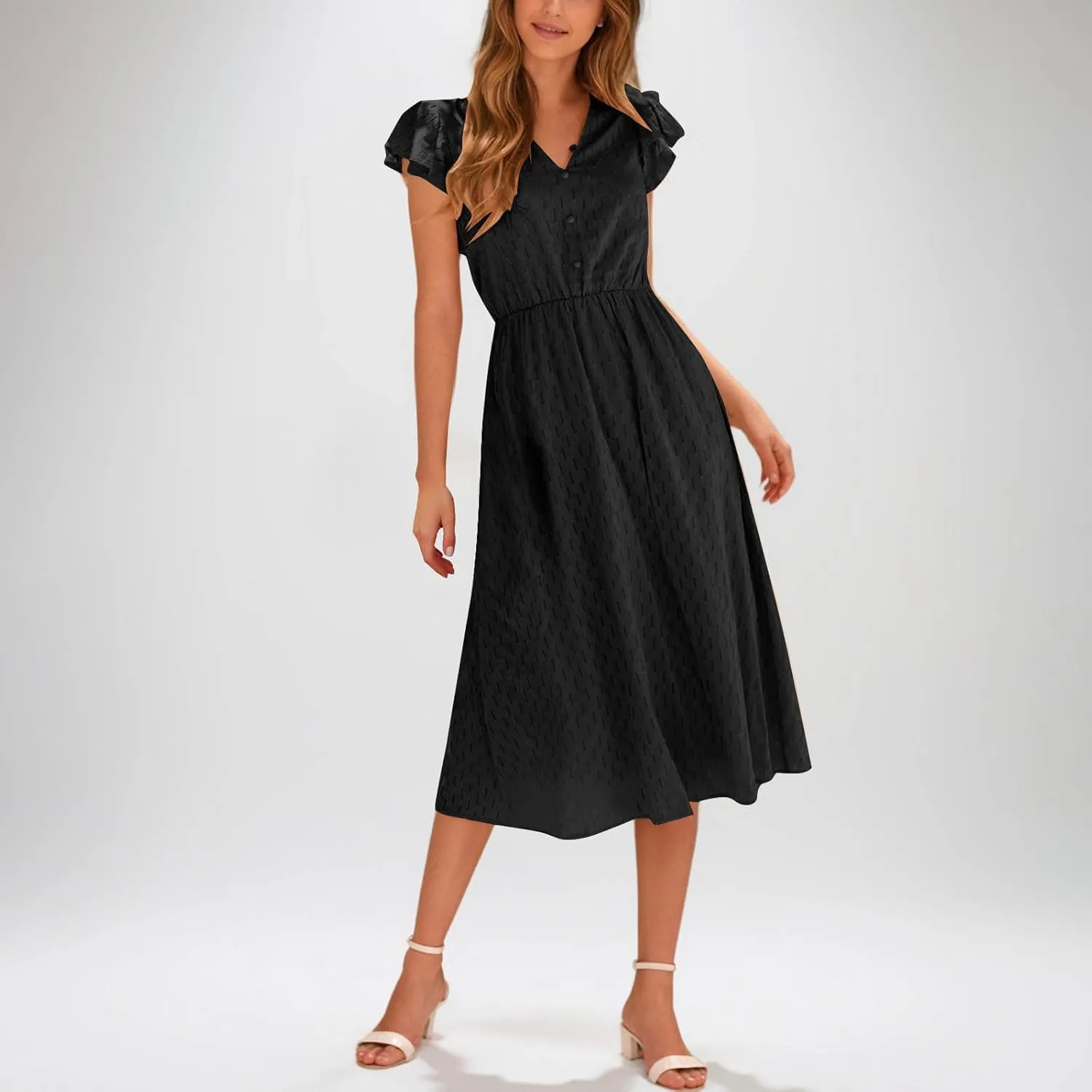 2025 Women's Summer Midi Dress Ruffle Cap Sleeve V-Neck Casual A Line Dress Beach Party Vacation Lace Sun Dresses