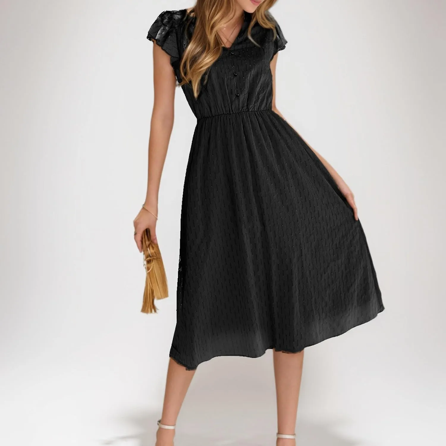2025 Women's Summer Midi Dress Ruffle Cap Sleeve V-Neck Casual A Line Dress Beach Party Vacation Lace Sun Dresses