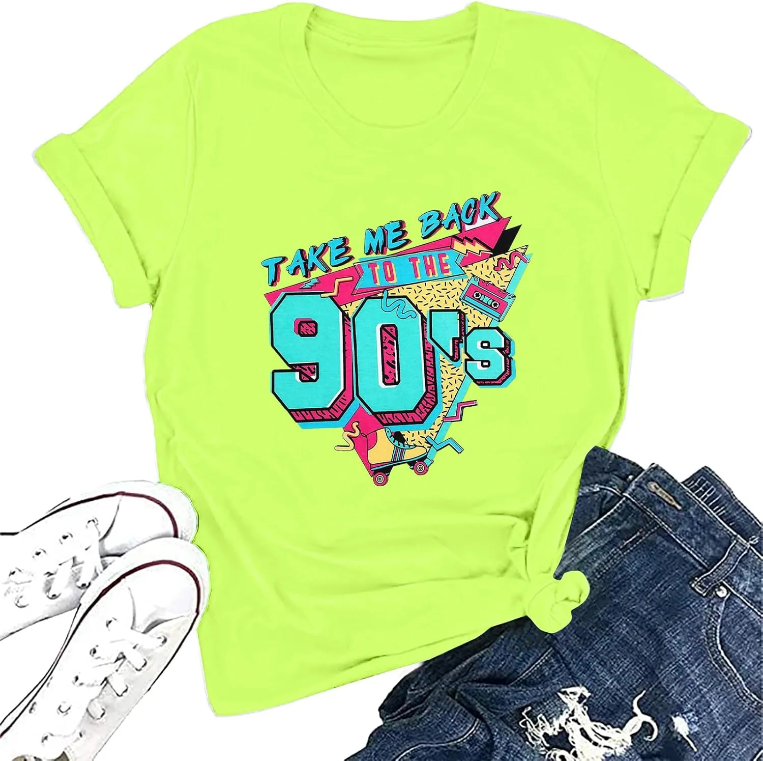 90s Outfit for Women Take Me Back to The 90's Shirt Vintage Neon Crew Neck Tops Tee for Birthday Party Gift