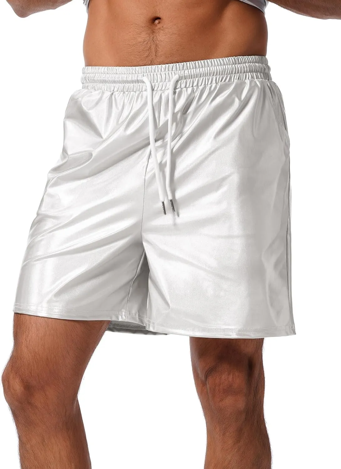 ABAFIP Men's Shiny Metallic Shorts Drawstring Sparkly Dance Hot Pants Disco Rave Party Outfit with Pockets