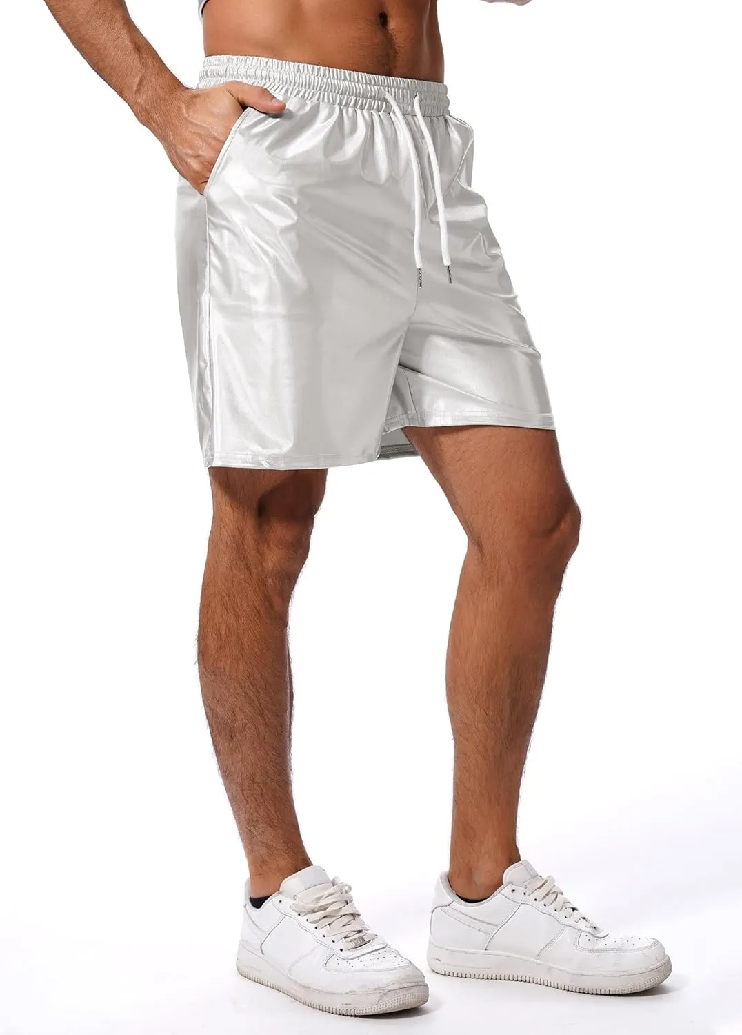 ABAFIP Men's Shiny Metallic Shorts Drawstring Sparkly Dance Hot Pants Disco Rave Party Outfit with Pockets