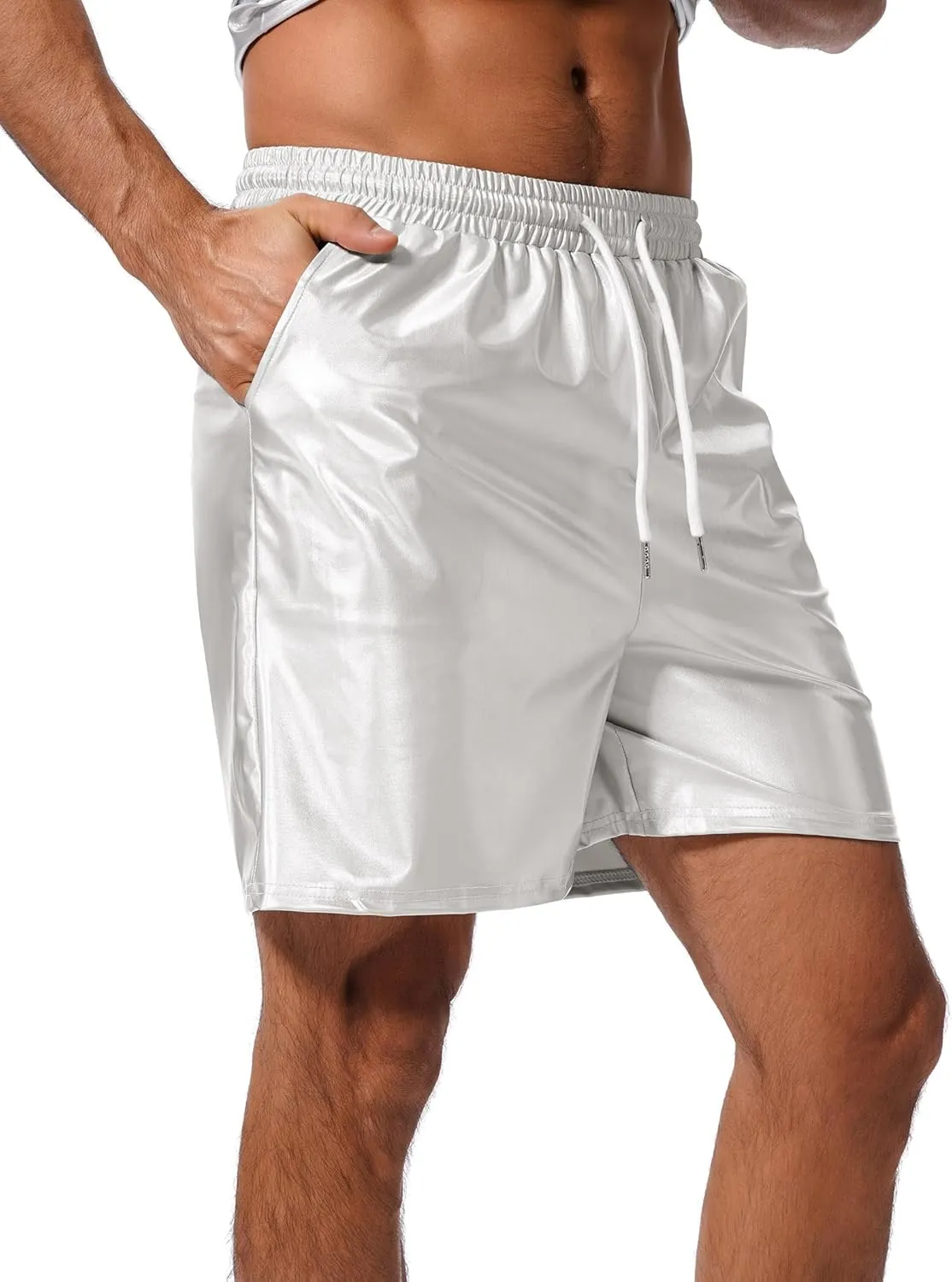 ABAFIP Men's Shiny Metallic Shorts Drawstring Sparkly Dance Hot Pants Disco Rave Party Outfit with Pockets