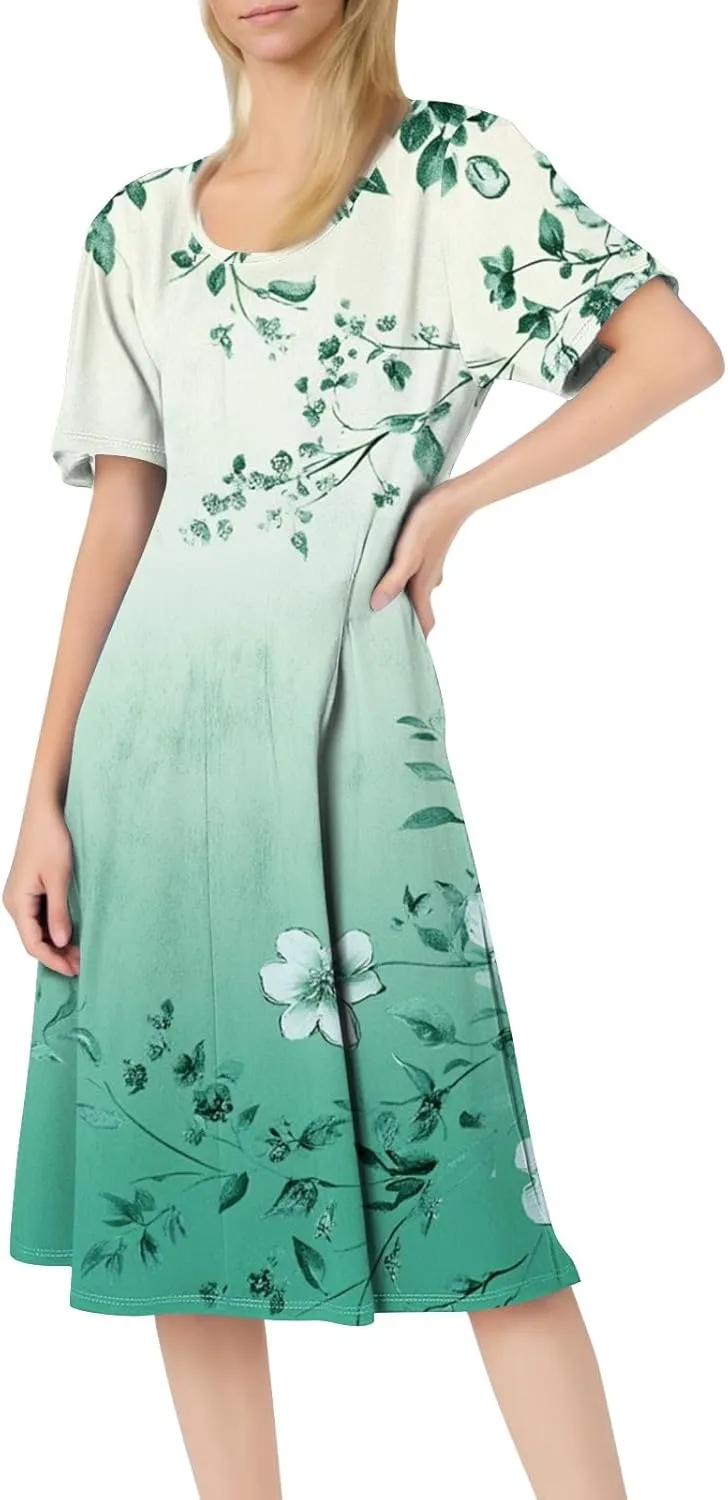 ADHOWBEW Plus Size Dresses for Women O Neck Trendy Cute Casual Loose Fit Hawaiian Short Sleeve Beach Dresses