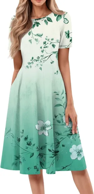 ADHOWBEW Plus Size Dresses for Women O Neck Trendy Cute Casual Loose Fit Hawaiian Short Sleeve Beach Dresses