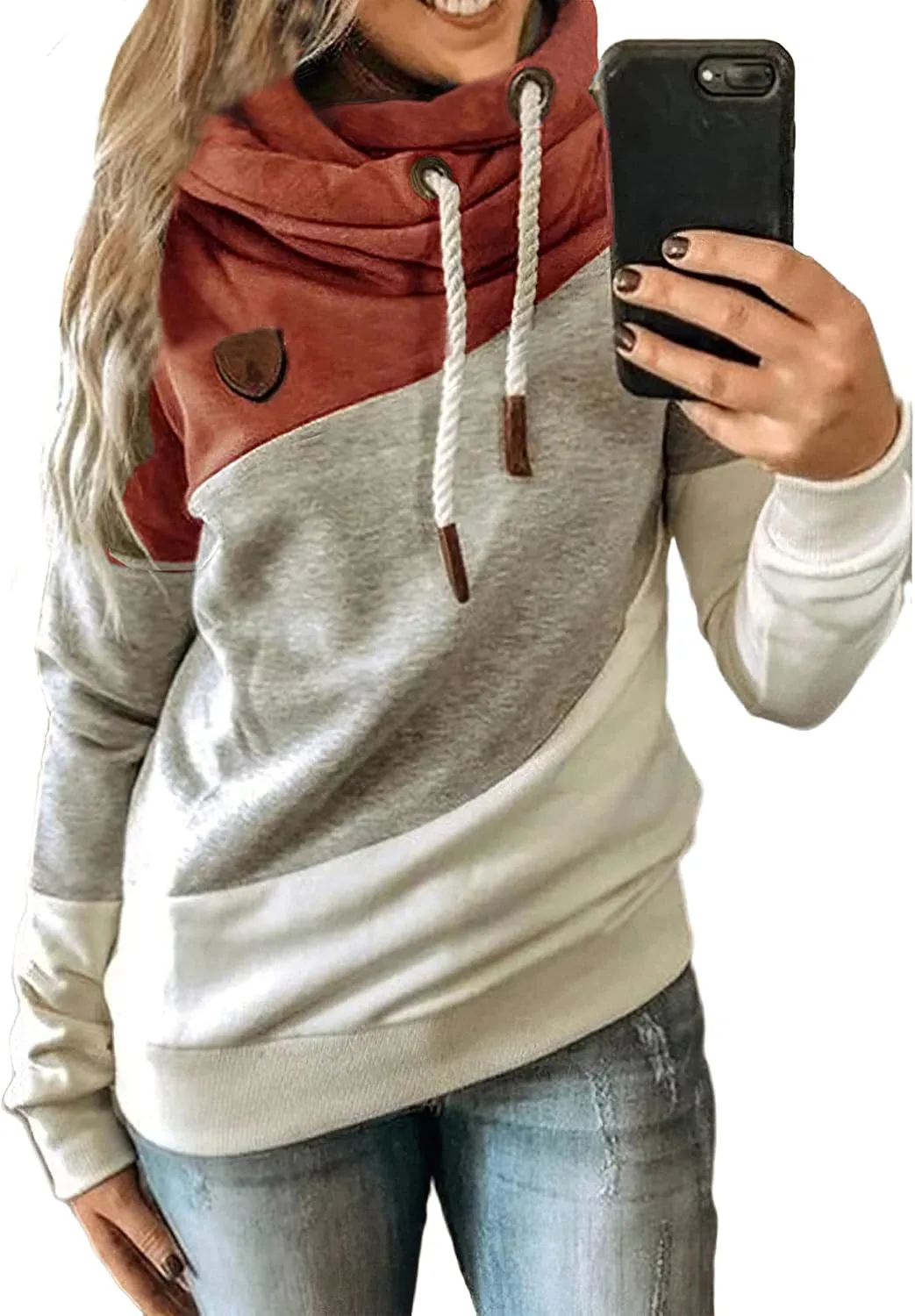 Akivide Women's Casual Cowl Neck Pullover Hoodie Color Block Graphic Long Sleeve Drawstring Hooded Sweatshirt Tops
