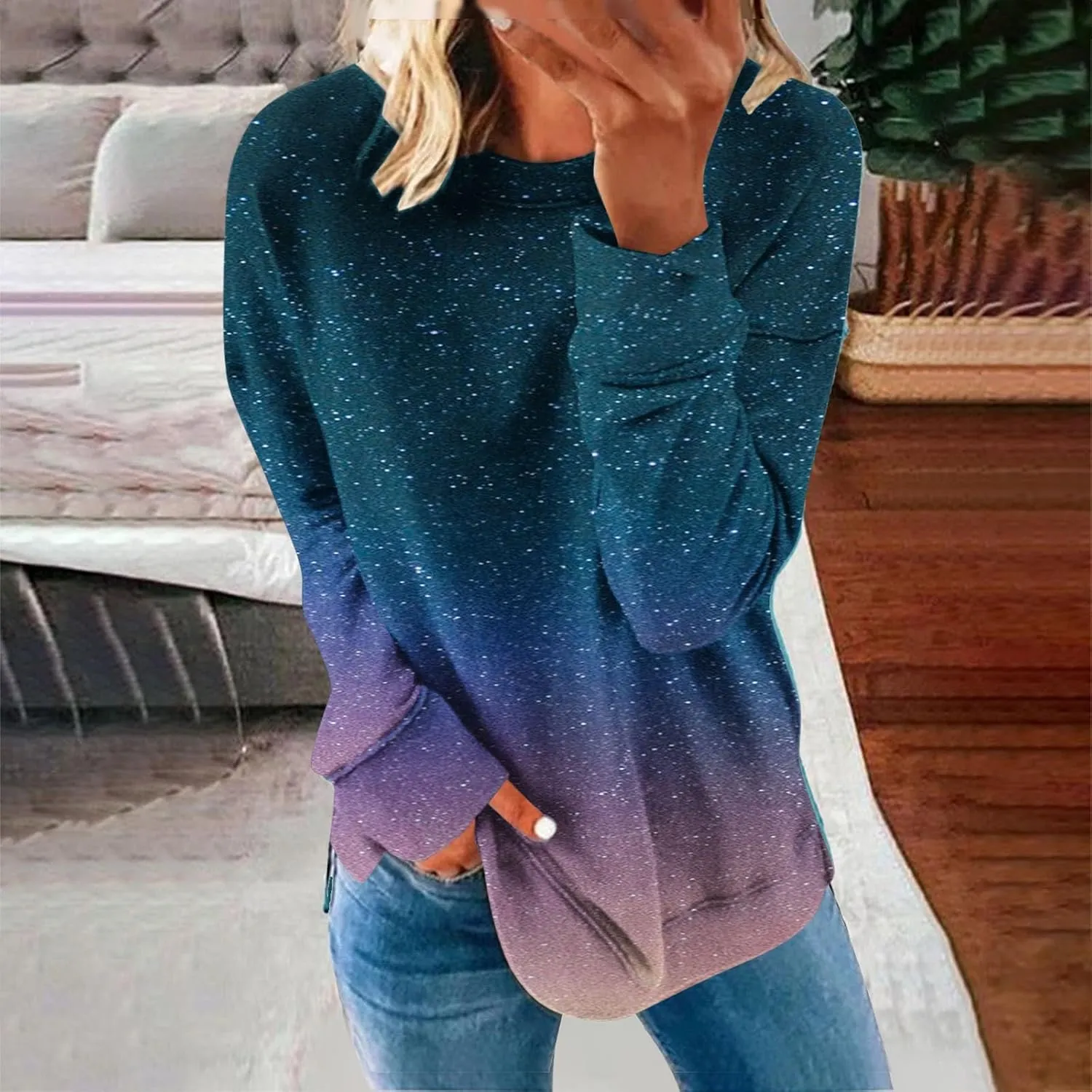 Akklian Women's Long Sleeve Crewneck Sweatshirts No Hood Loose Fit Oversized Ombre Tops Fall Lounge Trendy Pullover Sweaters