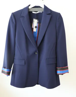 Alice & Olivia - Macey Cuffed Notch Collar Blazer in Saphire/Tricolor Pinstripe