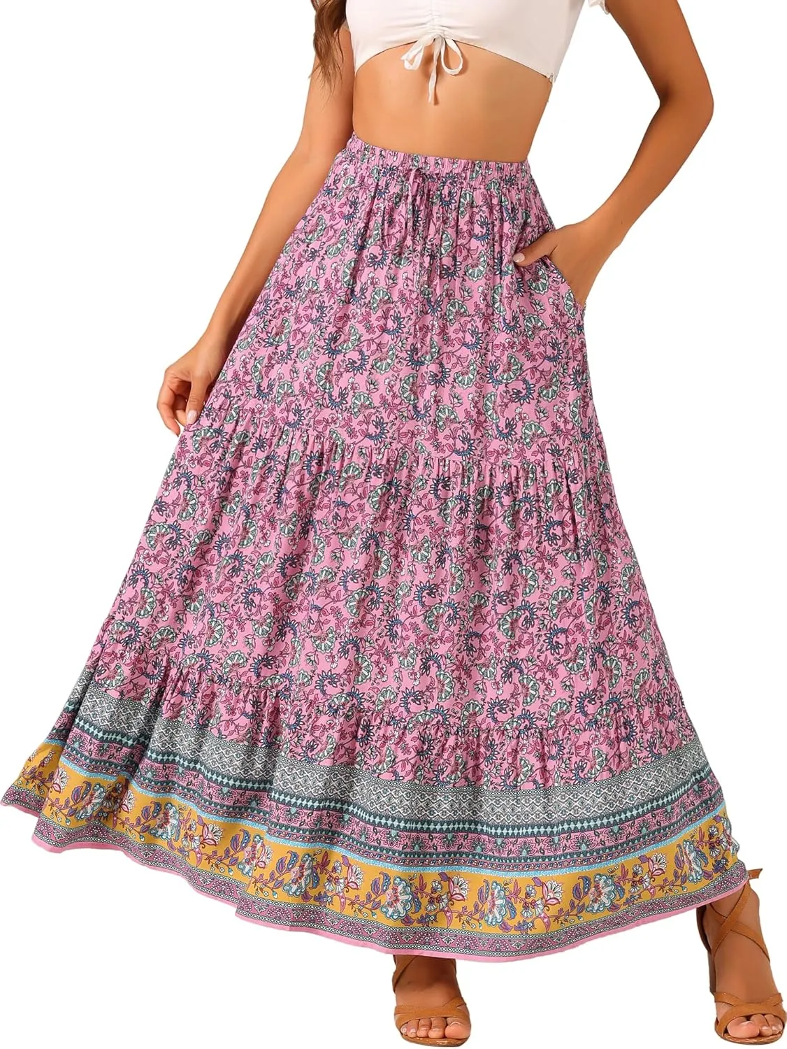 Allegra K Boho Skirt for Women's Flare Bohemian Floral Elastic Waist Flowy A-Line Vintage Casual Maxi Skirt