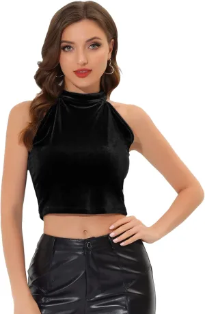 Allegra K Women's Halter Neck Velvet Velour Basic Layering Party Sleeveless Crop Top