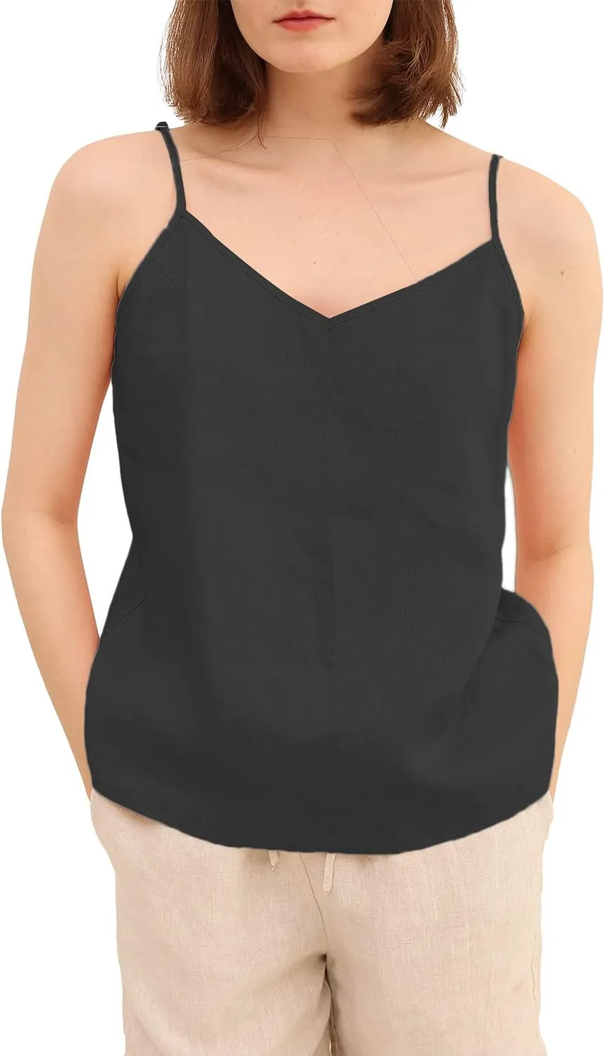 Amazhiyu Women's 100% Linen Camisole Tank Top V-Neck Loose Casual Cami Tops