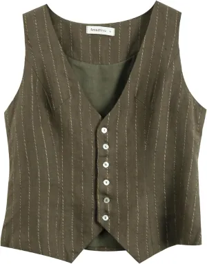 Amazhiyu Womens Pure Linen Sleeveless Button Down Crop Top V Neck Waistcoat Vest