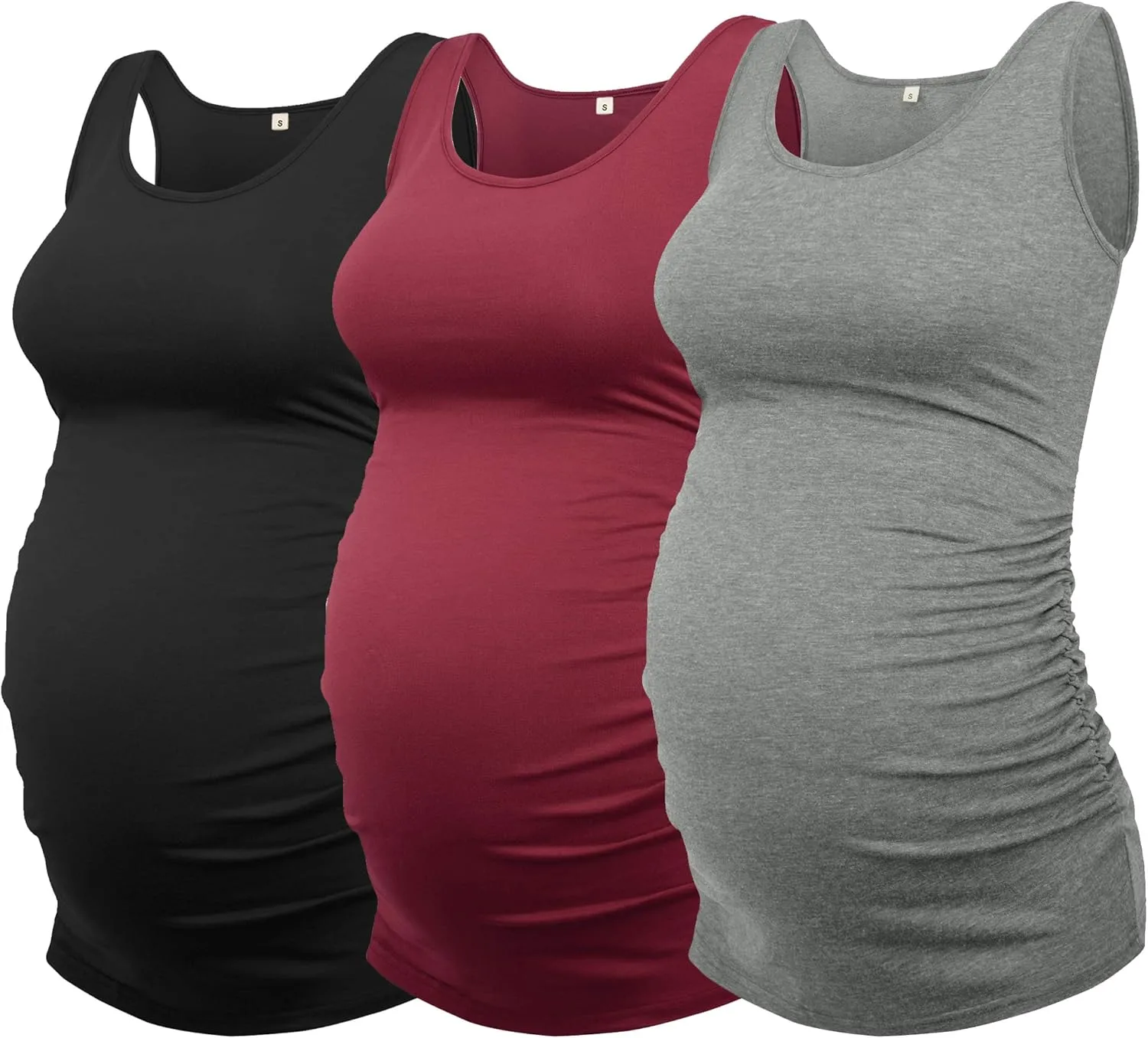 AMPOSH Women's Maternity Tank Top 3 Pack Ruched Side Sleeveless Pregnancy Basic Shirt