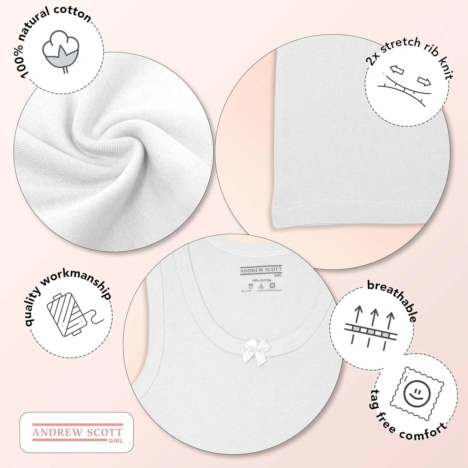 Andrew Scott Girls Camis & Tanks | Cotton Tank Top Layering Undershirts | Multi Pack Colors