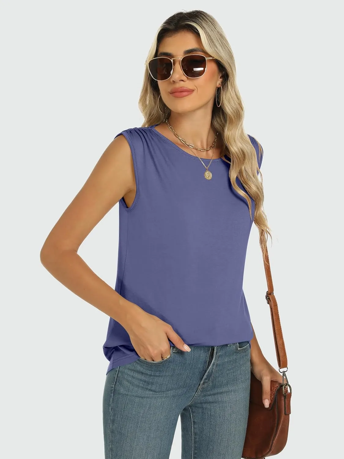 ANRABESS Womens Tank Top Crew Neck Ruched Sleeveless Basic Tanks Casual Summer Tops