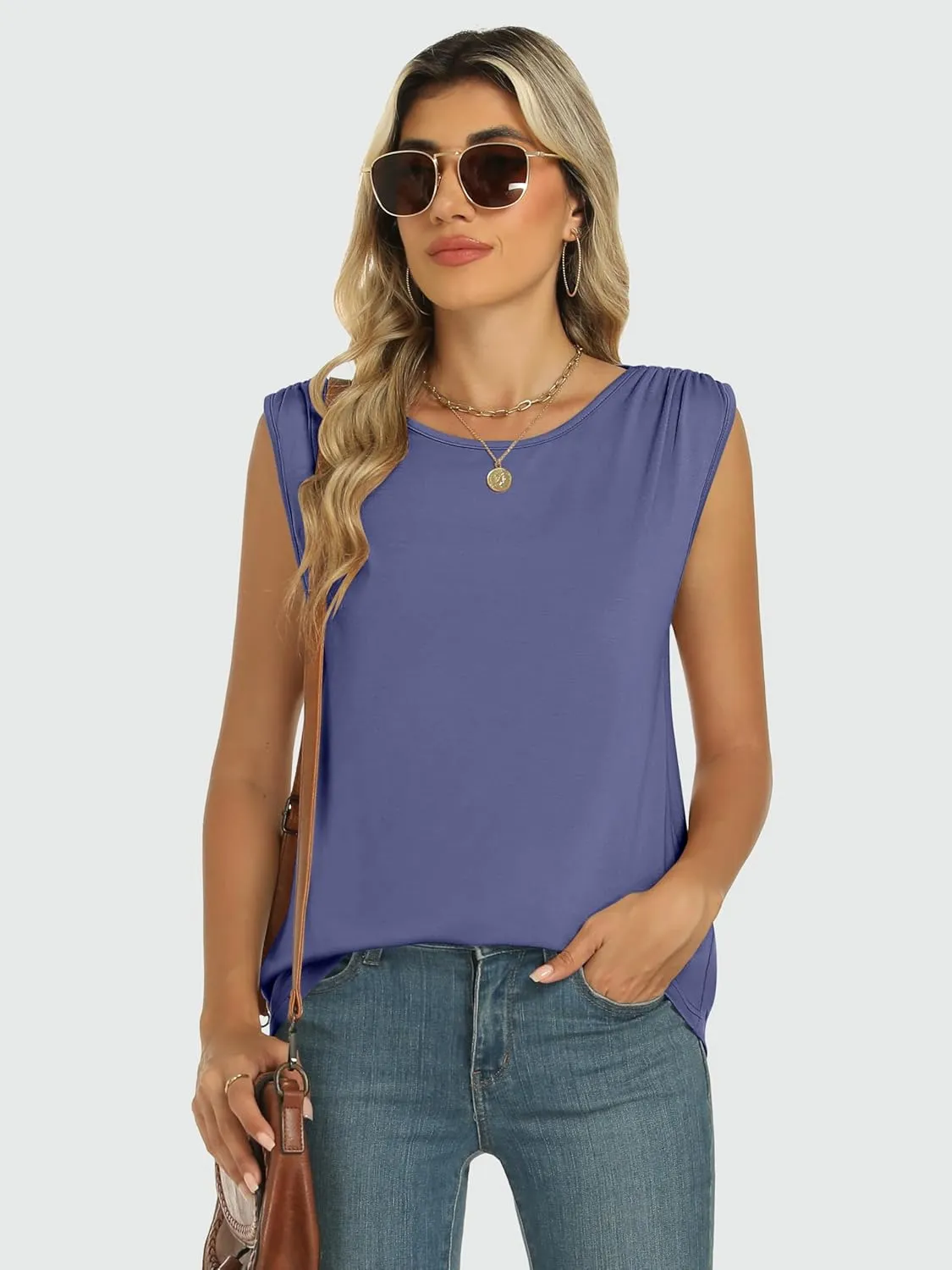 ANRABESS Womens Tank Top Crew Neck Ruched Sleeveless Basic Tanks Casual Summer Tops