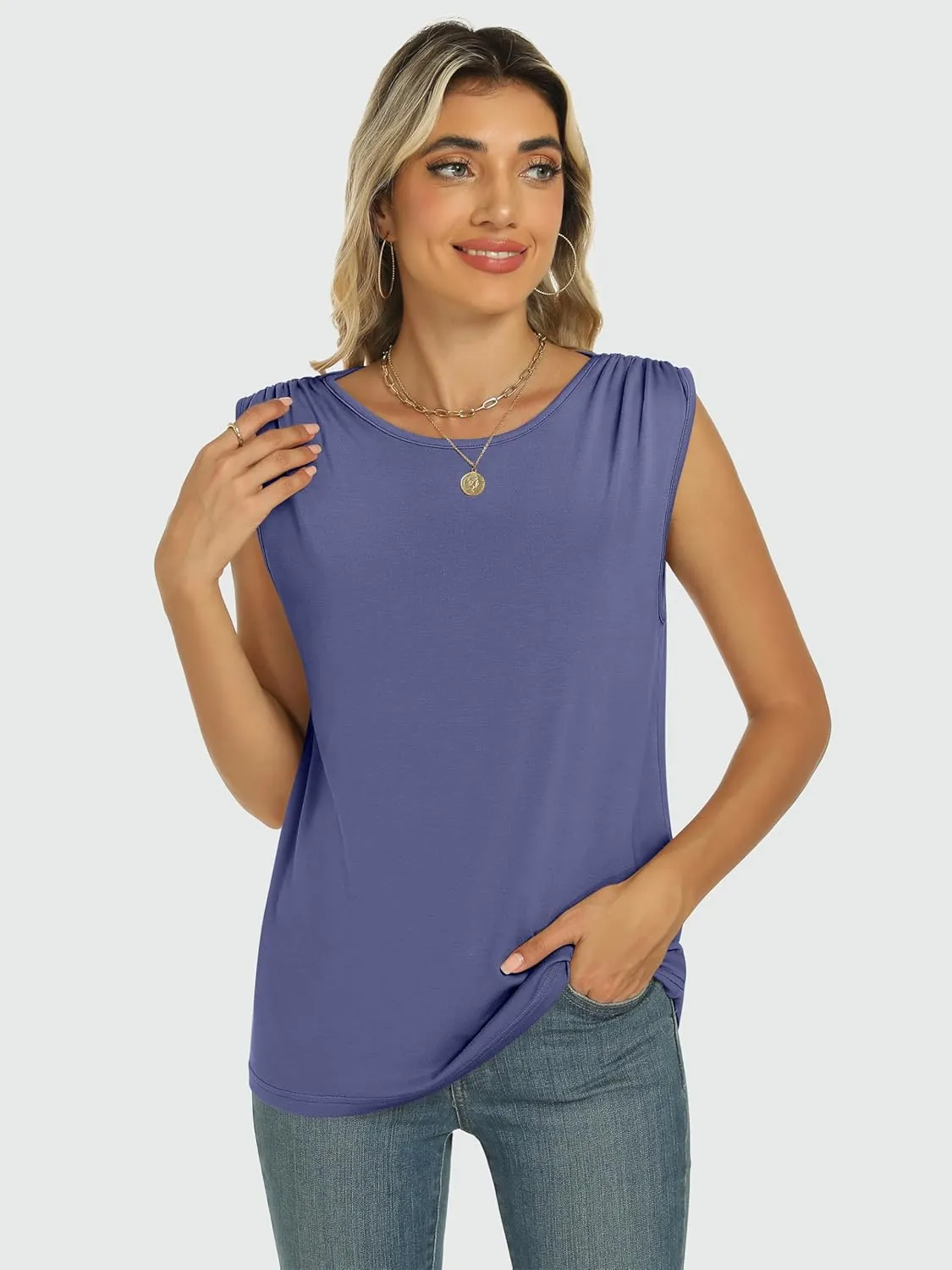 ANRABESS Womens Tank Top Crew Neck Ruched Sleeveless Basic Tanks Casual Summer Tops