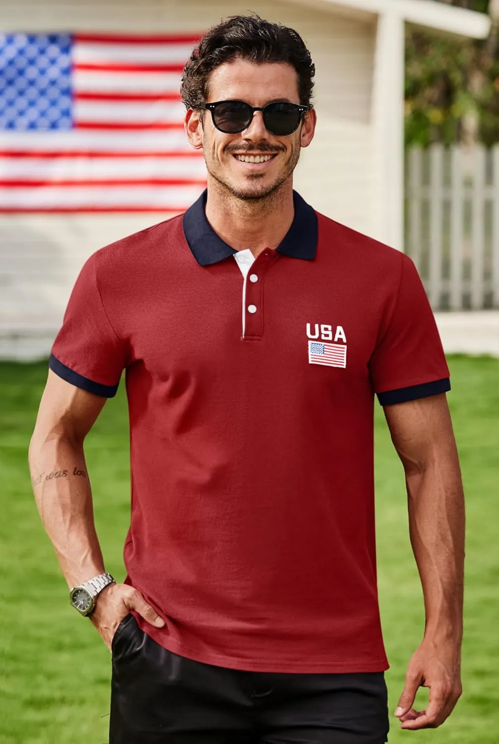 Arvilhill Men's American Flag Polo Shirts Patriotic Golf Polos 1776 Cotton Pique Tee Tops (S-3XL)