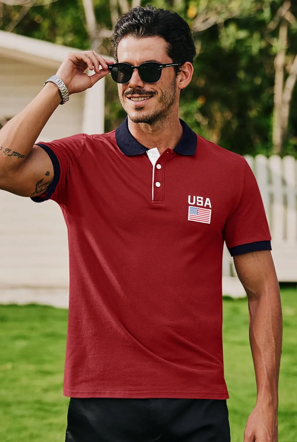 Arvilhill Men's American Flag Polo Shirts Patriotic Golf Polos 1776 Cotton Pique Tee Tops (S-3XL)