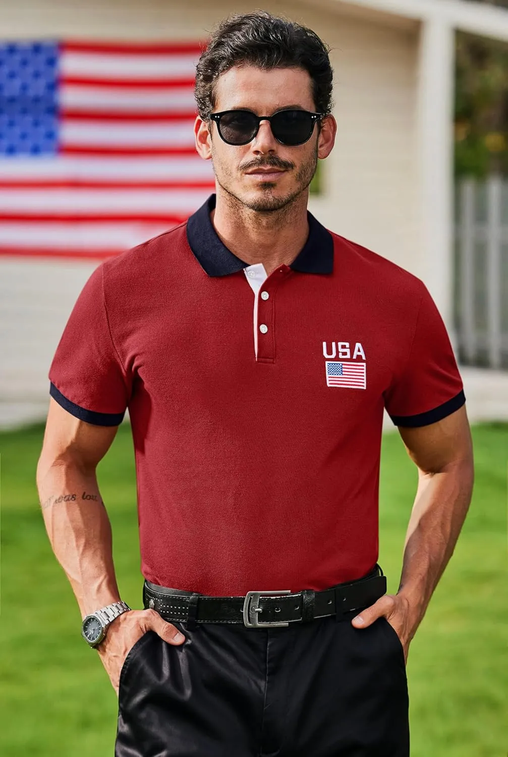 Arvilhill Men's American Flag Polo Shirts Patriotic Golf Polos 1776 Cotton Pique Tee Tops (S-3XL)