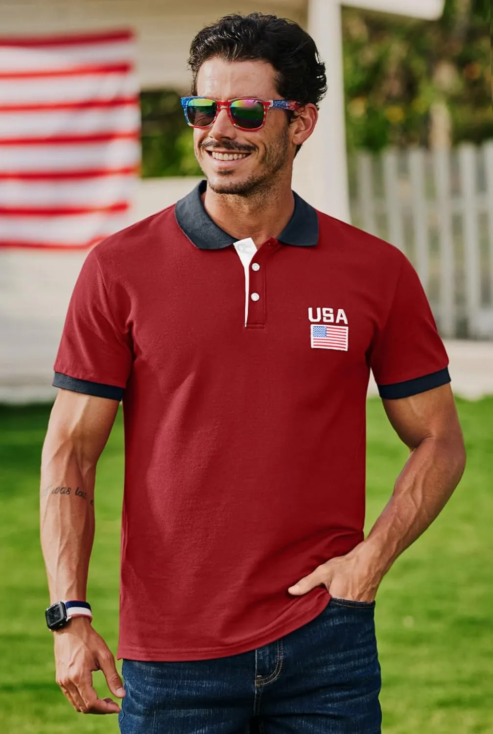 Arvilhill Men's American Flag Polo Shirts Patriotic Golf Polos 1776 Cotton Pique Tee Tops (S-3XL)
