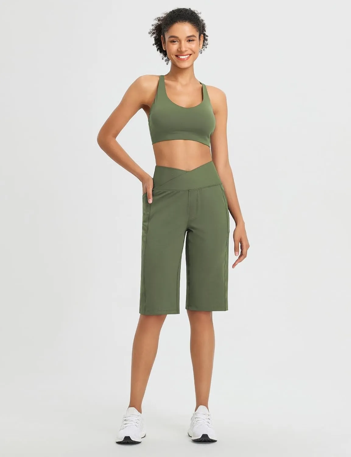 baleaf Women's Bermuda Long Shorts 14" Knee Length High Waisted Athletic Shorts with Pockets Stretch Soft Loose Casual Summer