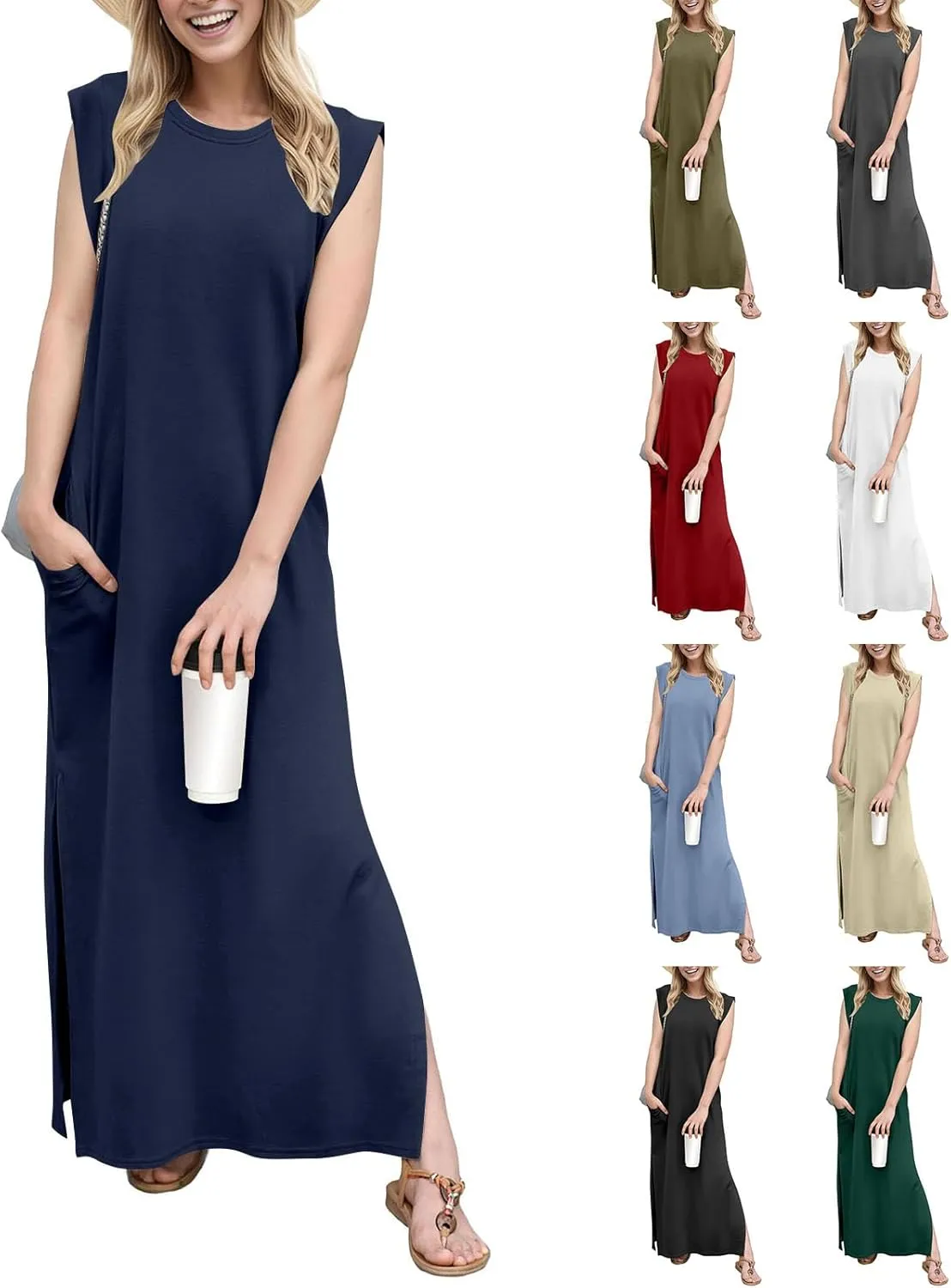 BAXLIMEK Maxi Dresses for Women,2025 Spring Summer Casual Loose Crewneck Cap Sleeve Sundress,Trendy Slit Flowy Beach Dress