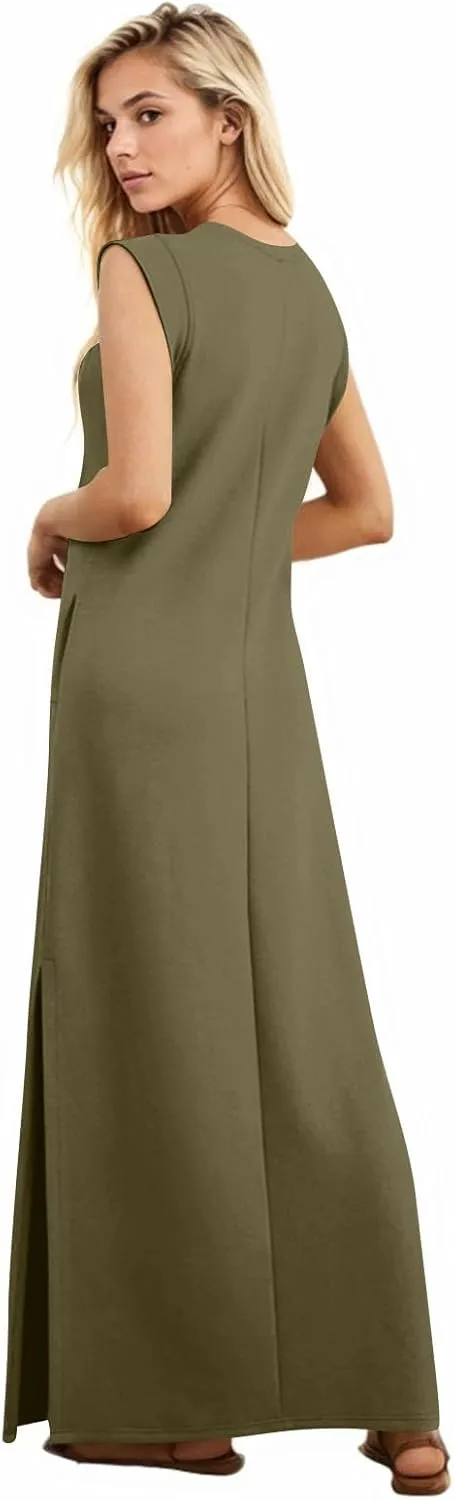 BAXLIMEK Maxi Dresses for Women,2025 Spring Summer Casual Loose Crewneck Cap Sleeve Sundress,Trendy Slit Flowy Beach Dress