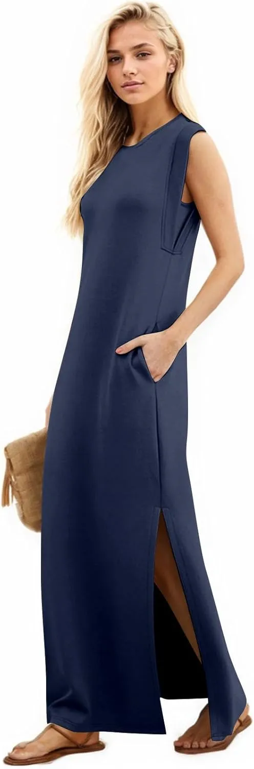 BAXLIMEK Maxi Dresses for Women,2025 Spring Summer Casual Loose Crewneck Cap Sleeve Sundress,Trendy Slit Flowy Beach Dress