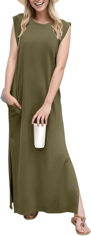 BAXLIMEK Maxi Dresses for Women,2025 Spring Summer Casual Loose Crewneck Cap Sleeve Sundress,Trendy Slit Flowy Beach Dress