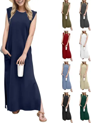 BAXLIMEK Maxi Dresses for Women,2025 Spring Summer Casual Loose Crewneck Cap Sleeve Sundress,Trendy Slit Flowy Beach Dress