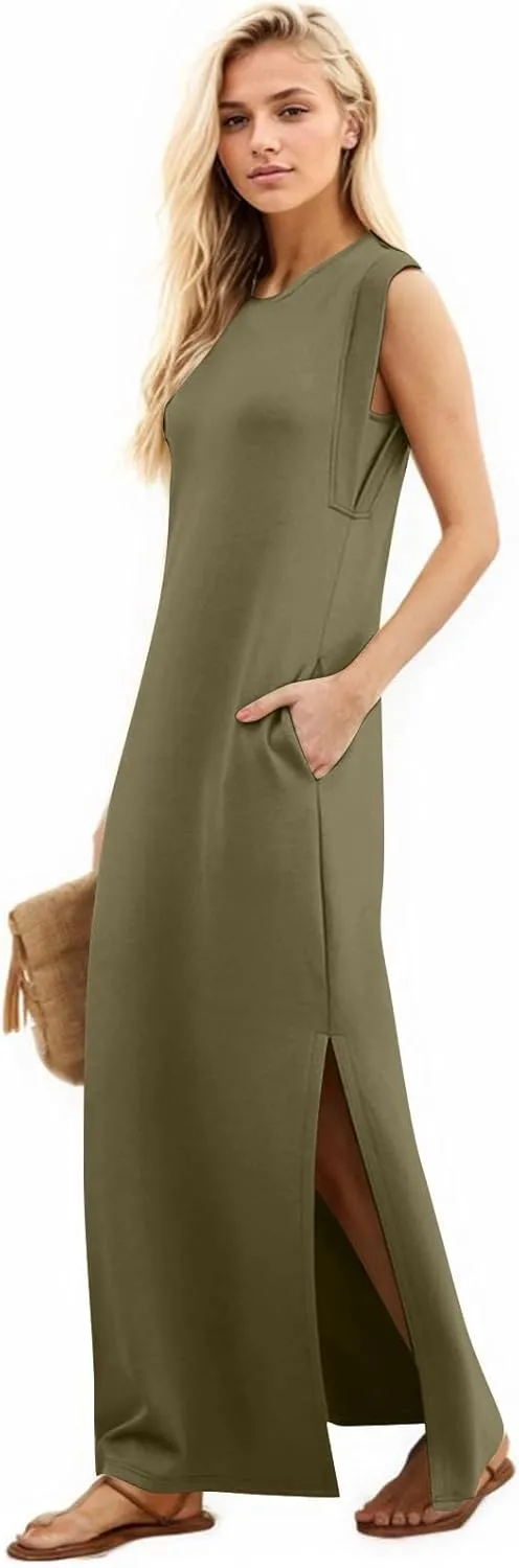 BAXLIMEK Maxi Dresses for Women,2025 Spring Summer Casual Loose Crewneck Cap Sleeve Sundress,Trendy Slit Flowy Beach Dress