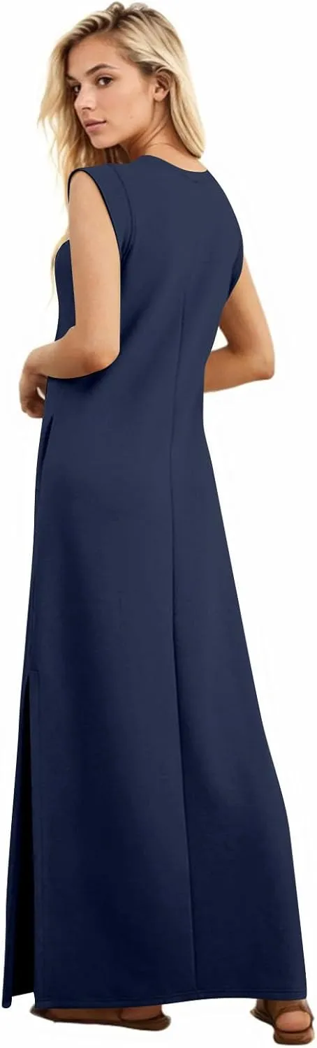 BAXLIMEK Maxi Dresses for Women,2025 Spring Summer Casual Loose Crewneck Cap Sleeve Sundress,Trendy Slit Flowy Beach Dress