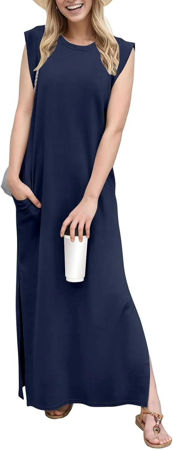 BAXLIMEK Maxi Dresses for Women,2025 Spring Summer Casual Loose Crewneck Cap Sleeve Sundress,Trendy Slit Flowy Beach Dress
