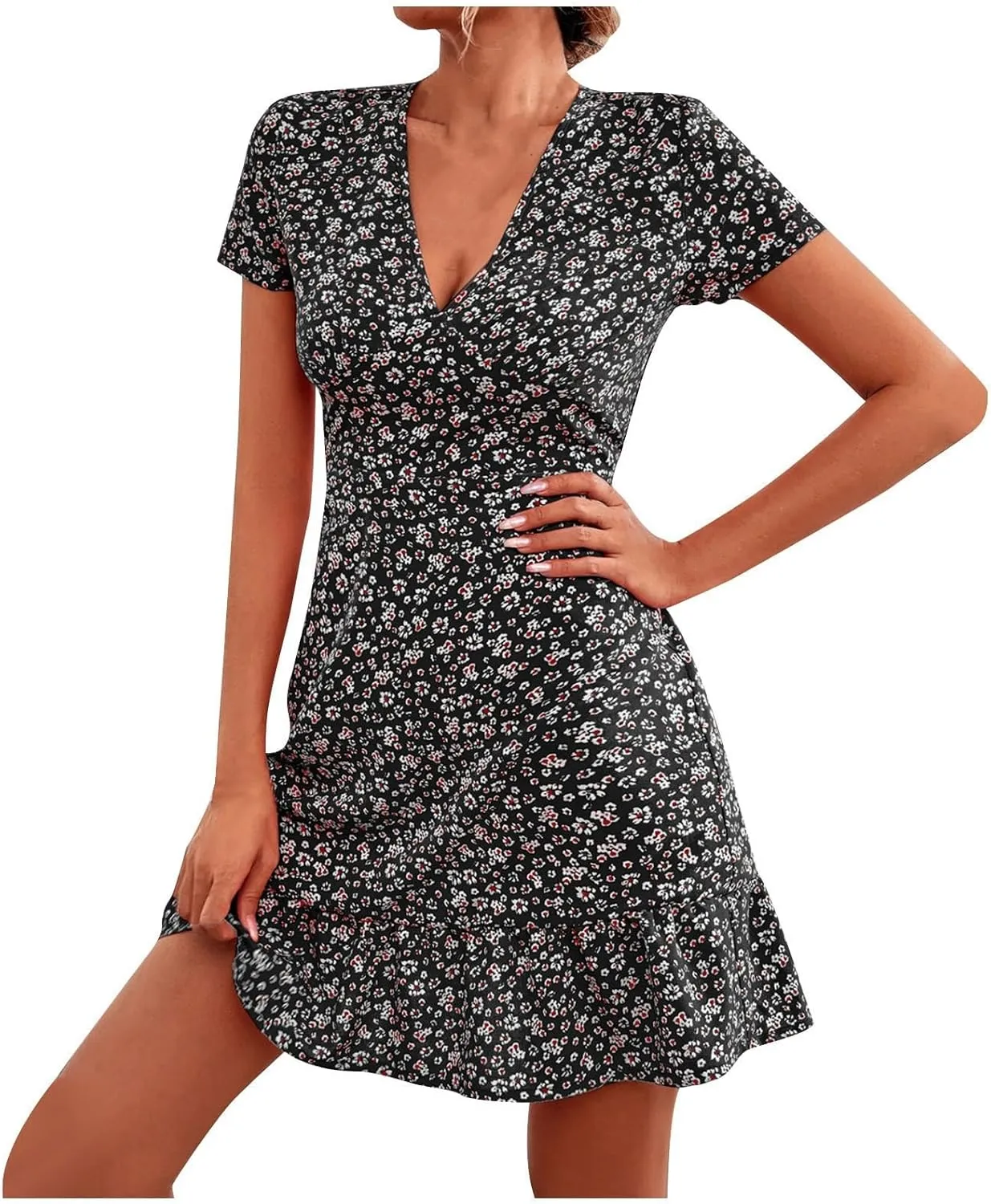 Beach Dresses for Women,2024 Summer Trendy Elegant Wrap V Neck Floral Boho Dress,Flowy Ruched Hawaiian Maxi Dress
